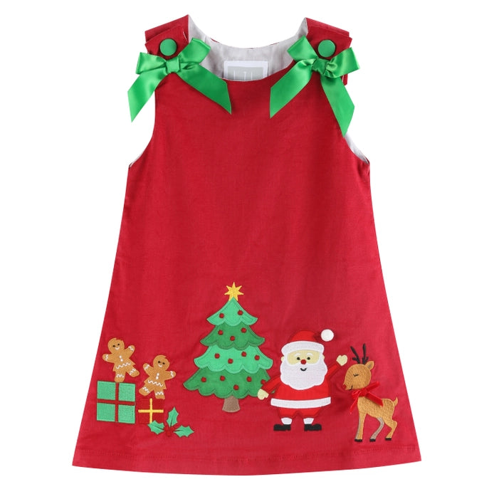 Red Corduroy Christmas Applique Bow Dress