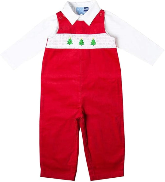 Boys Red Corduroy Smocked Overall Set