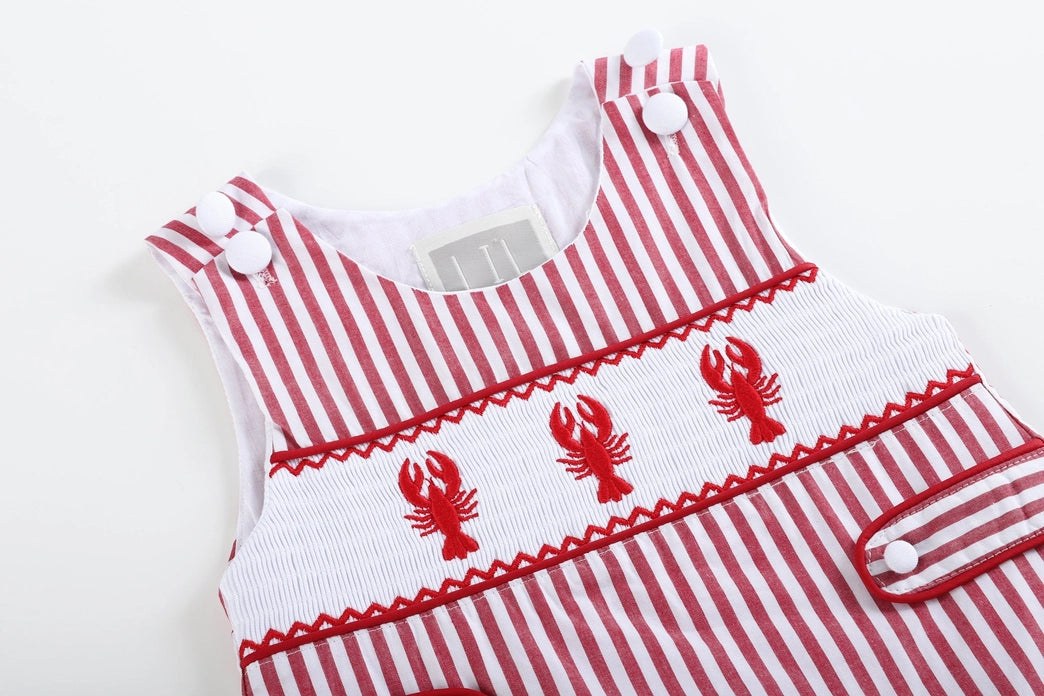 Red Striped Crawfish Smocked Shortalls