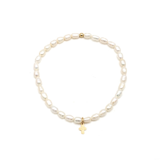 Rice Pearl Waterproof Bracelet with a Gold-Filled Luxe Cross