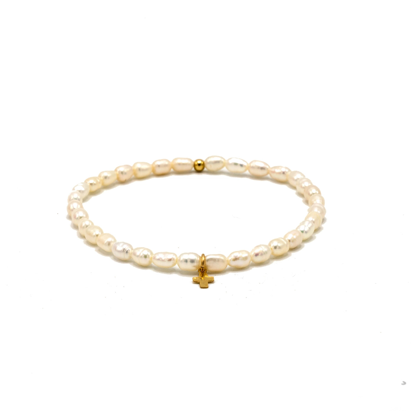 Rice Pearl Waterproof Bracelet with a Gold-Filled Luxe Cross