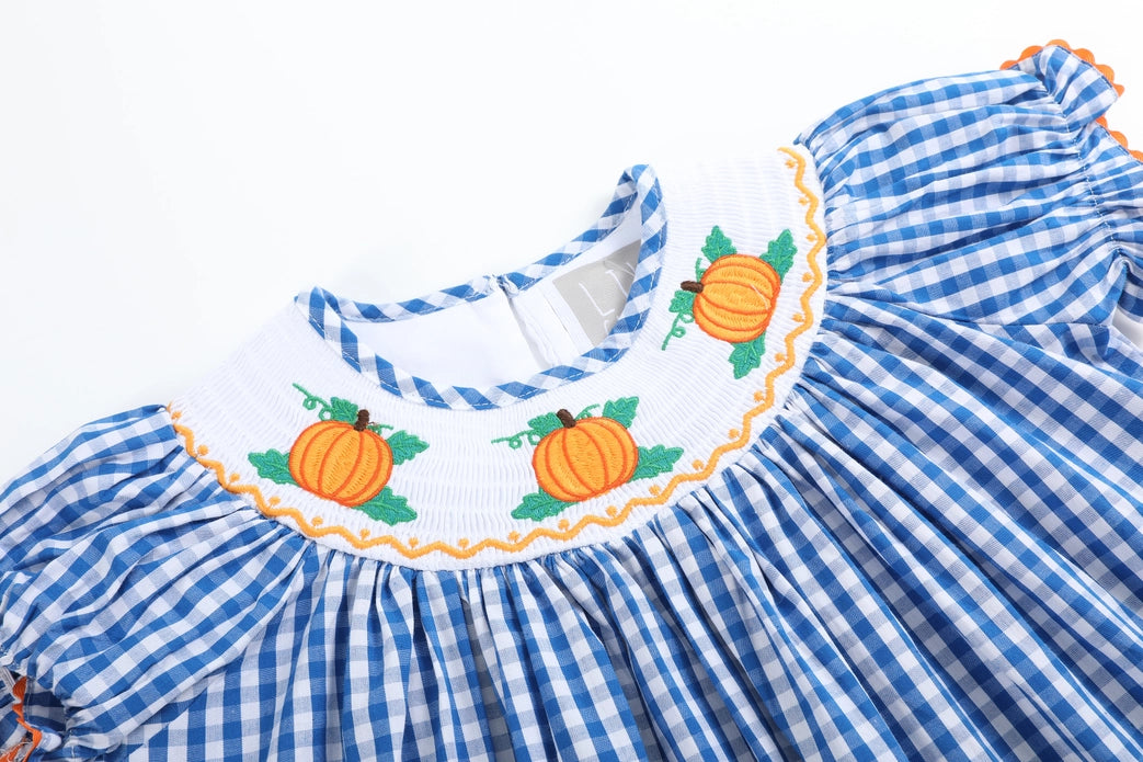 Royal Blue Gingham Pumpkin Smocked Bishop Dress