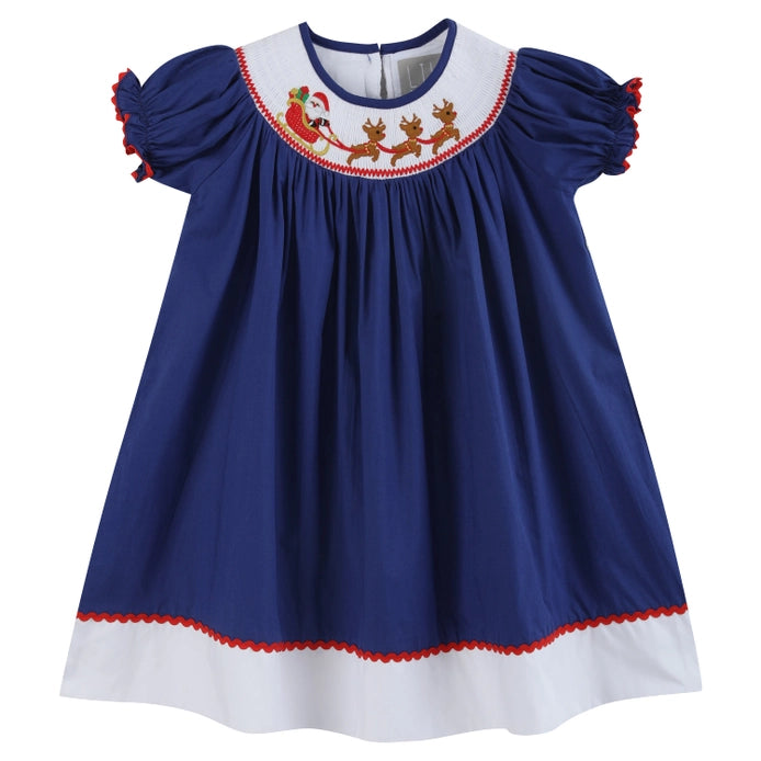 Royal Blue Santa and Sleigh Smocked Bishop Dress