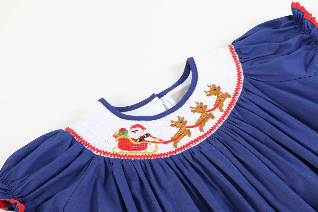 Royal Blue Santa and Sleigh Smocked Bishop Dress