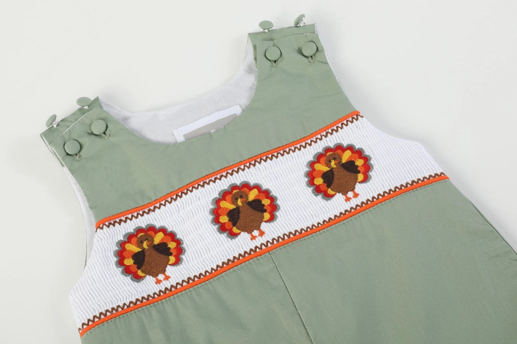 Sage Green Turkey Smocked Overalls