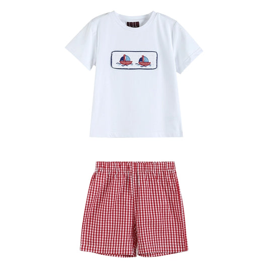 White Sailboat Appliqué Crewneck Tee & Red Gingham Shorts