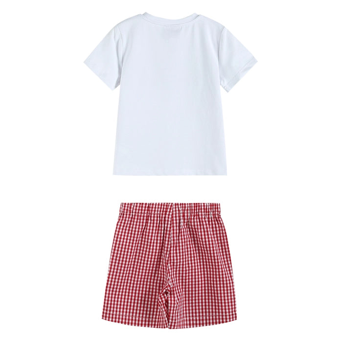 White Sailboat Appliqué Crewneck Tee & Red Gingham Shorts