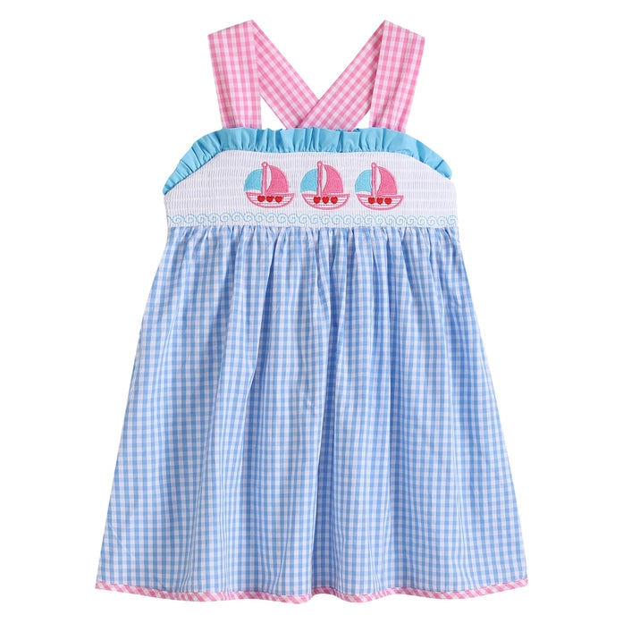 Blue Gingham Pink Sailboats Smocked Baby Dress