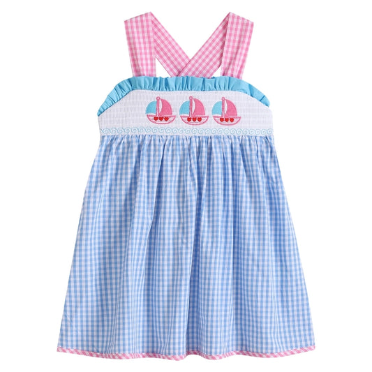 Blue Gingham Pink Sailboats Smocked Baby Dress