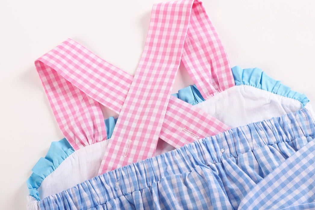 Blue Gingham Pink Sailboats Smocked Baby Dress