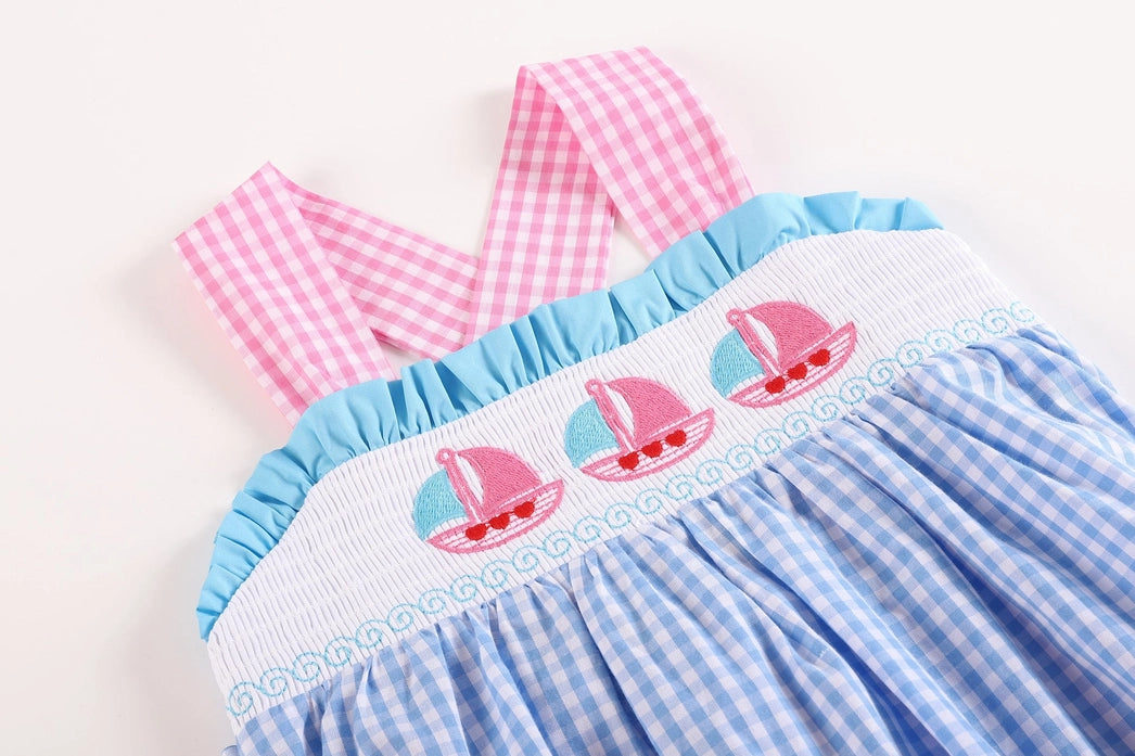 Blue Gingham Pink Sailboats Smocked Baby Dress