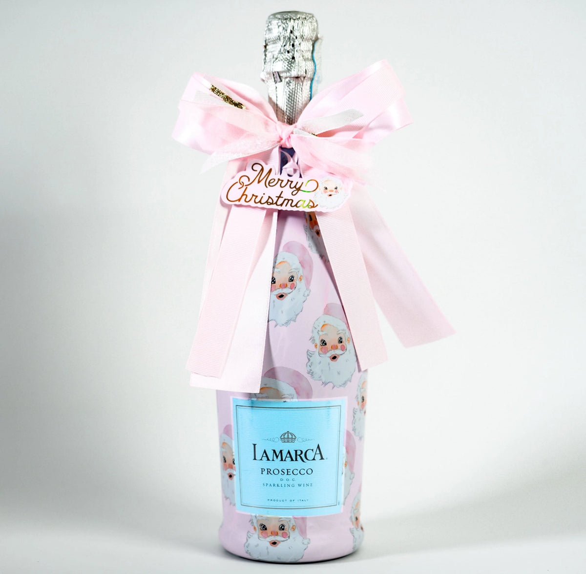 Beau Bottles X Wrapido!'s Limited Edition Watercolor Pink Santa Prosecco Wrap and Bougie Bottle Bow™ Matching Set