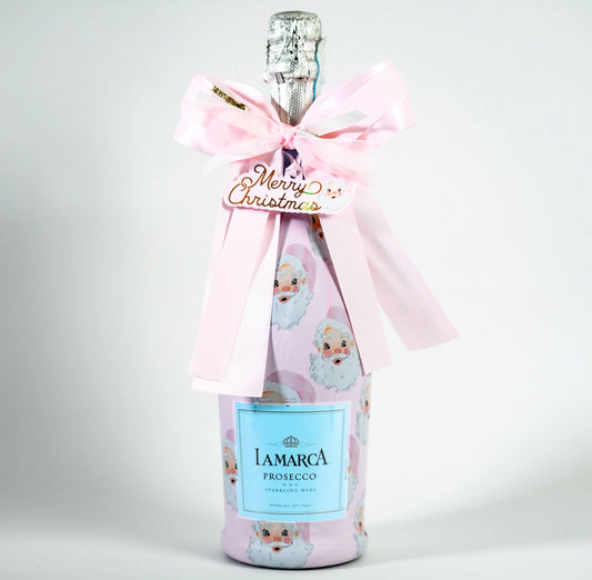 Beau Bottles X Wrapido!'s Limited Edition Watercolor Pink Santa Prosecco Wrap and Bougie Bottle Bow™ Matching Set