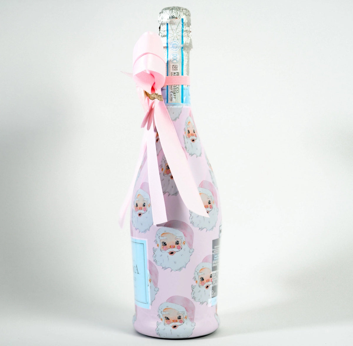 Beau Bottles X Wrapido!'s Limited Edition Watercolor Pink Santa Prosecco Wrap and Bougie Bottle Bow™ Matching Set
