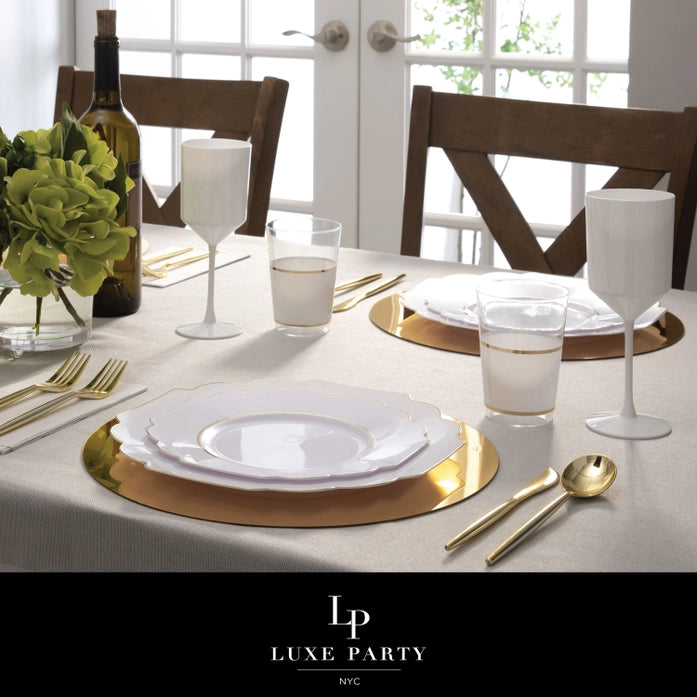 Scalloped White and Gold Plastic Plates