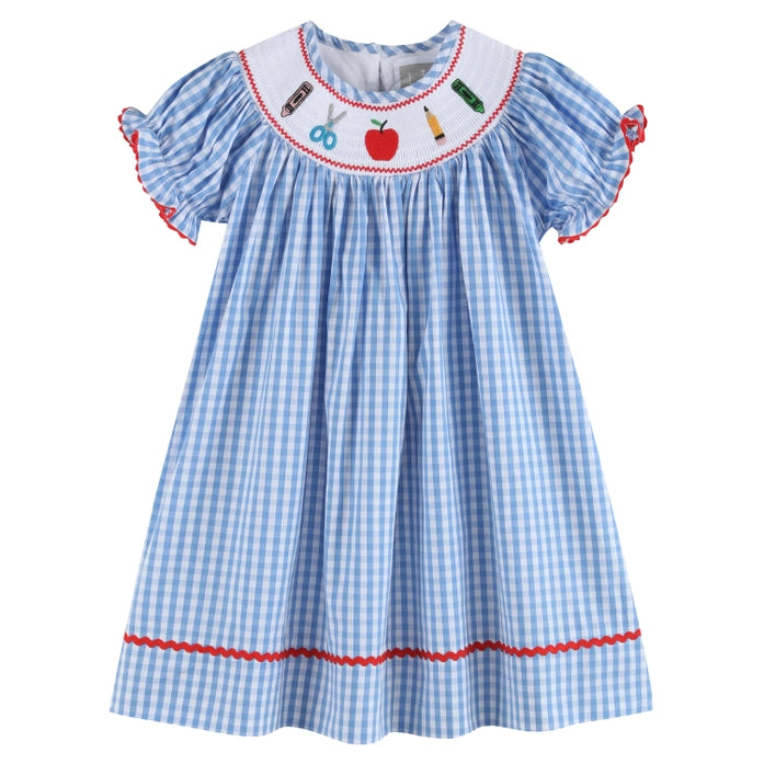 Blue Gingham School Supplies Smocked Bishop Dress