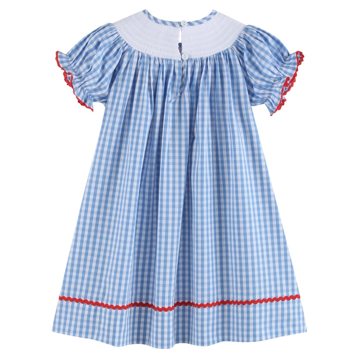 Blue Gingham School Supplies Smocked Bishop Dress