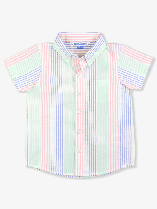 Multi-color Seersucker Button Collar Short Sleeve Button Down Shirt