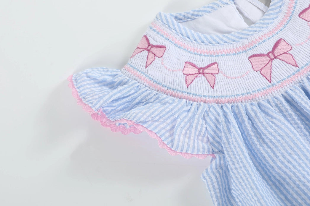 Blue Seersucker Bow Smocked Flutter Romper