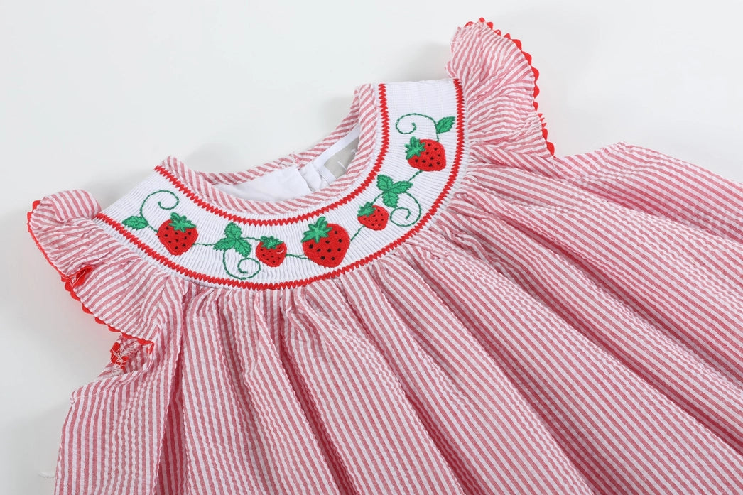 Red Seersucker Strawberry Smocked Bishop Dress