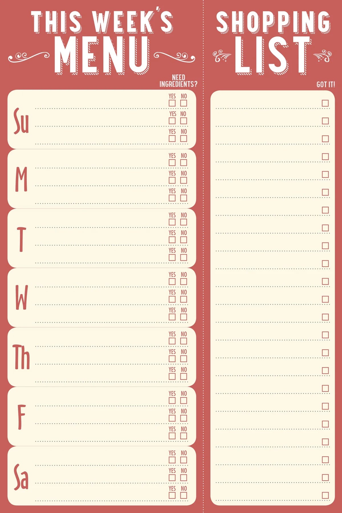 This Week's Menu Note Pad