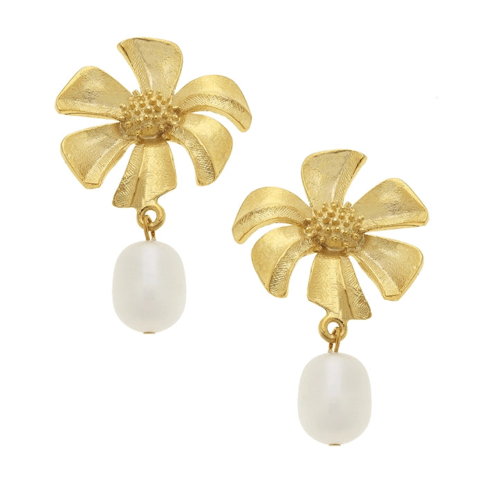 Tropical Flower with Genuine Freshwater Pearl Earrings