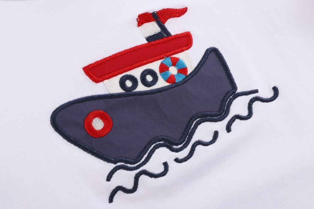 White Tugboat Baby Shirt and Blue Shorts Set