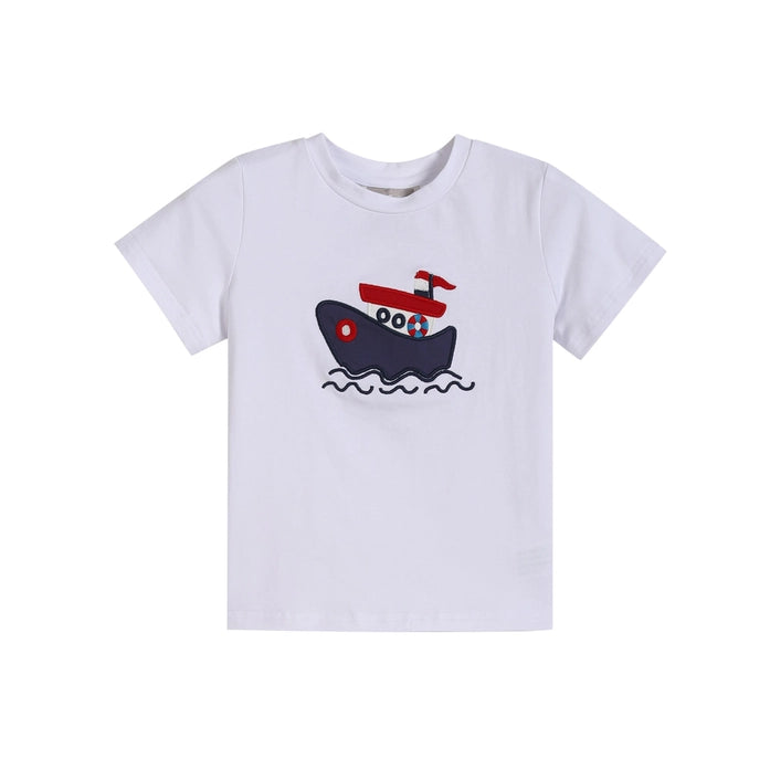 White Tugboat Baby Shirt and Blue Shorts Set