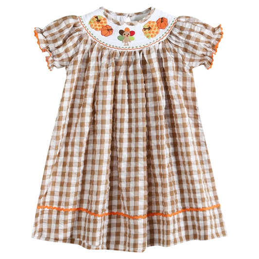 Light Brown Gingham Pumpkin Turkey Smocked Bishop Dress