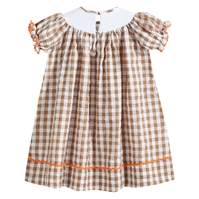 Light Brown Gingham Pumpkin Turkey Smocked Bishop Dress