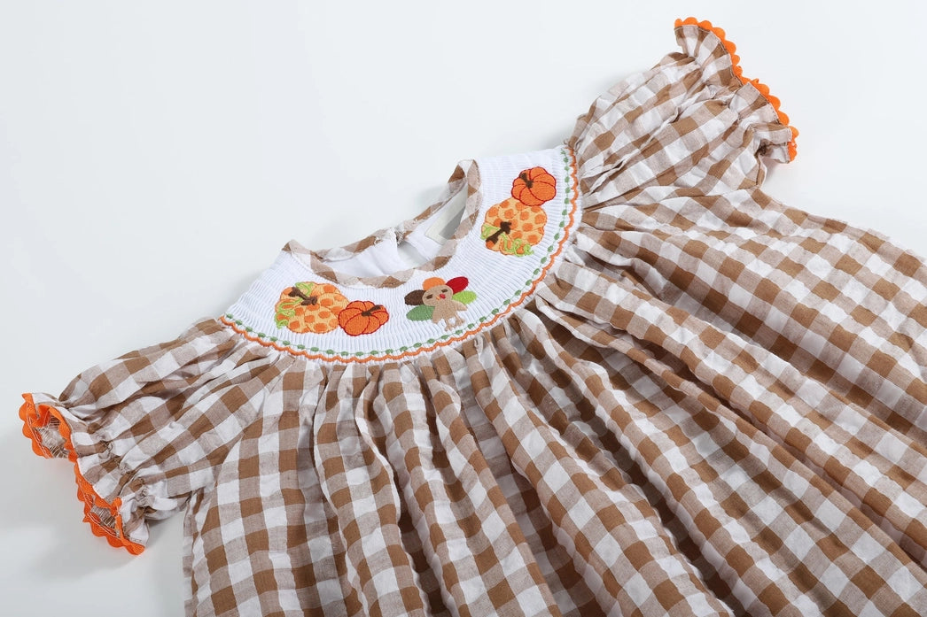 Light Brown Gingham Pumpkin Turkey Smocked Bishop Dress