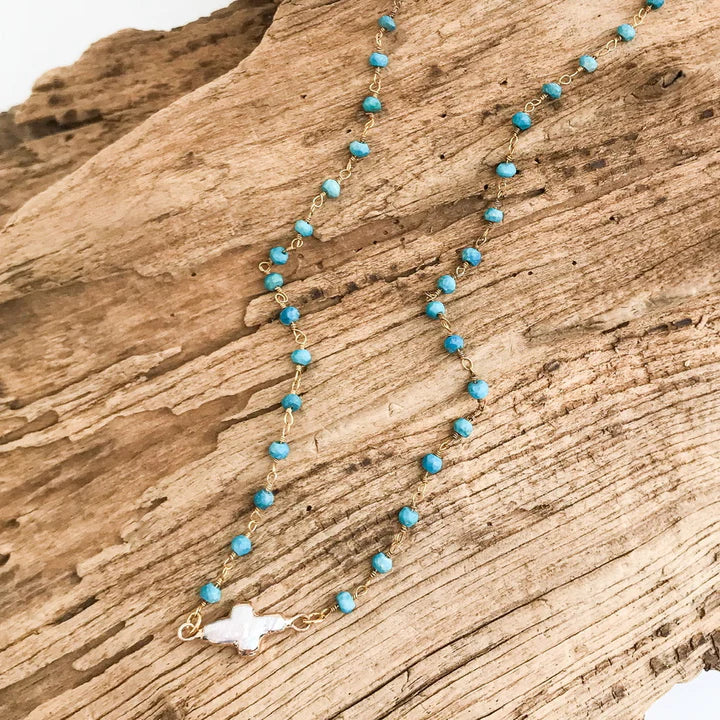 Pearl Bezel Cross Rosary Necklace