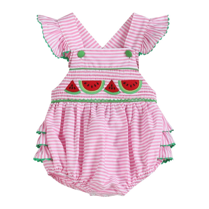 Pink Striped Watermelon Smocked Bubble Romper