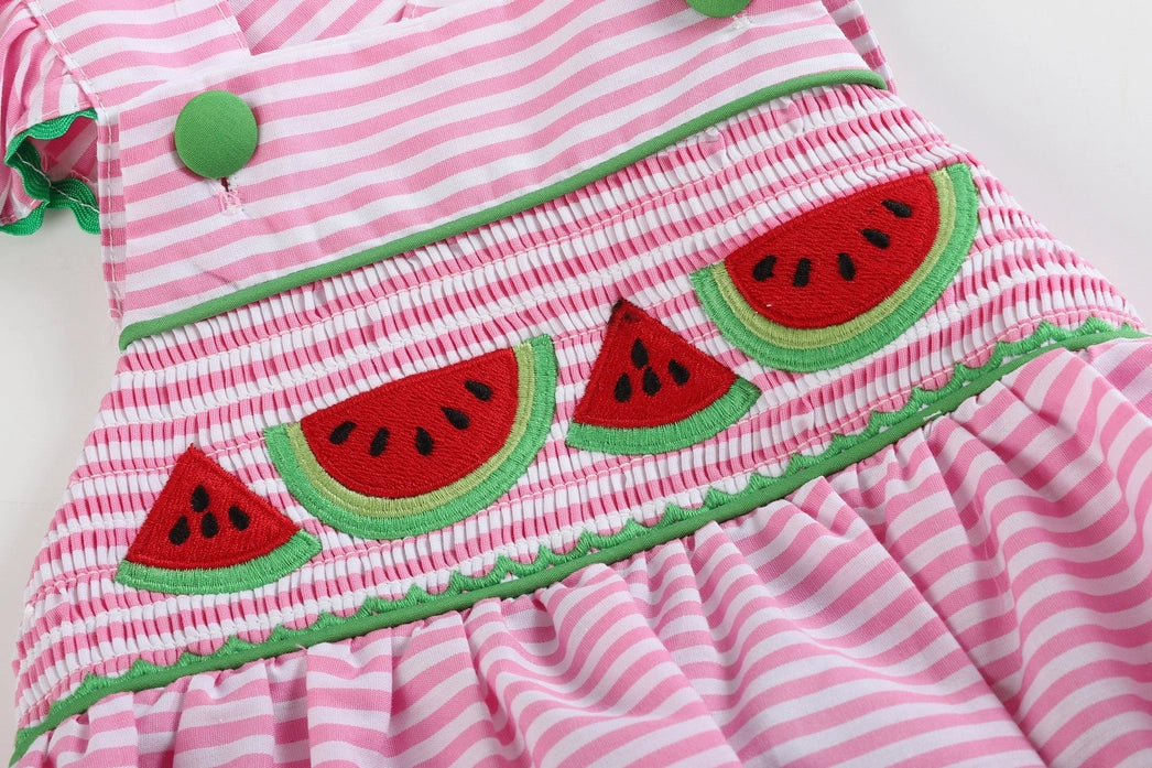 Pink Striped Watermelon Smocked Bubble Romper