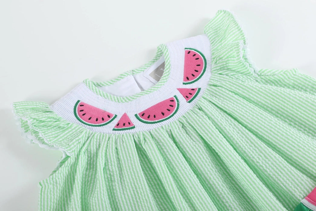 Green Seersucker Watermelon Smocked Bishop Dress