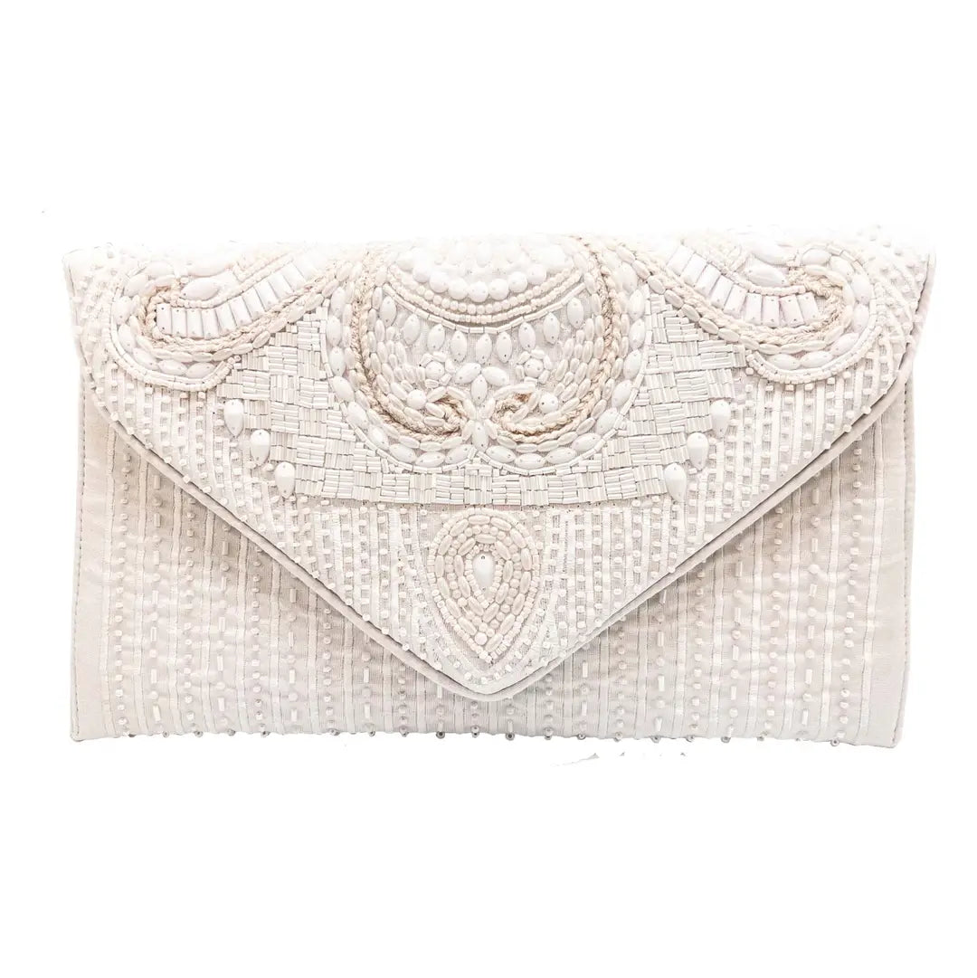 White Beaded Embellished Envelope Clutch