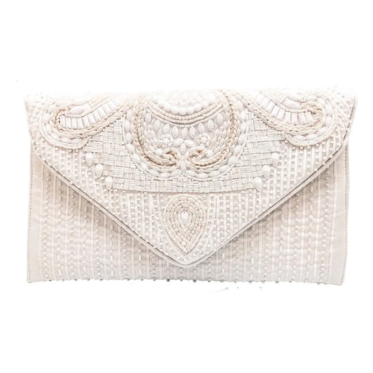 White Beaded Embellished Envelope Clutch