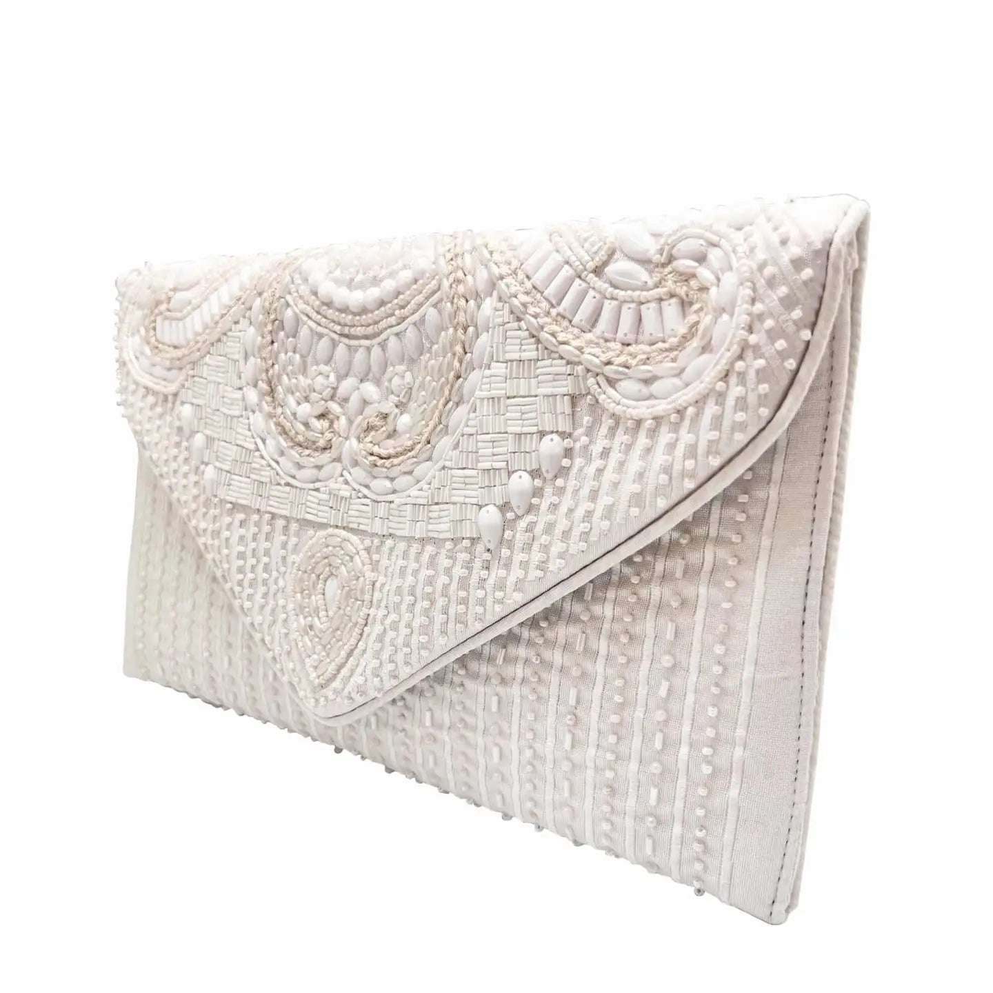 White Beaded Embellished Envelope Clutch
