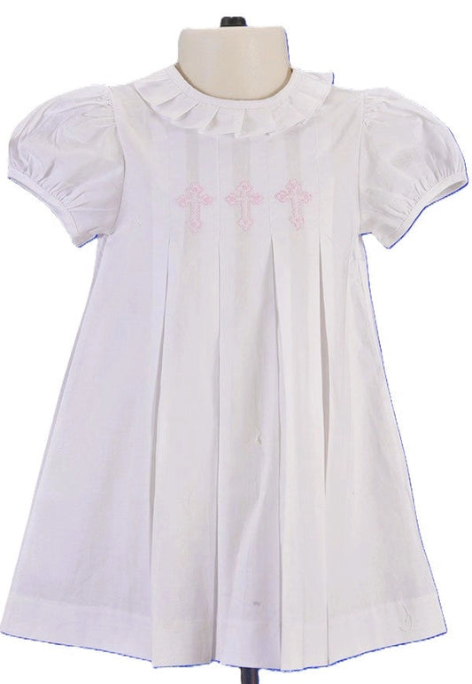 Hand-Embroidered White Cross Pleated Collar Dress