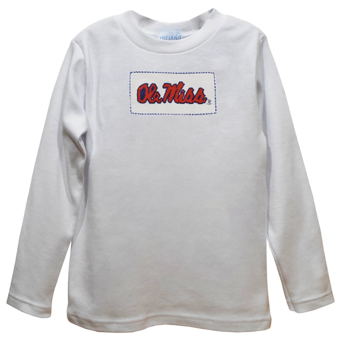 Ole Miss Rebels Smocked White Knit Boys Long Sleeve T-Shirt