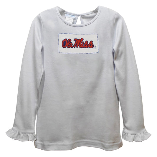 Ole Miss Rebels Smocked White Knit Ruffle Long Sleeve T-Shirt