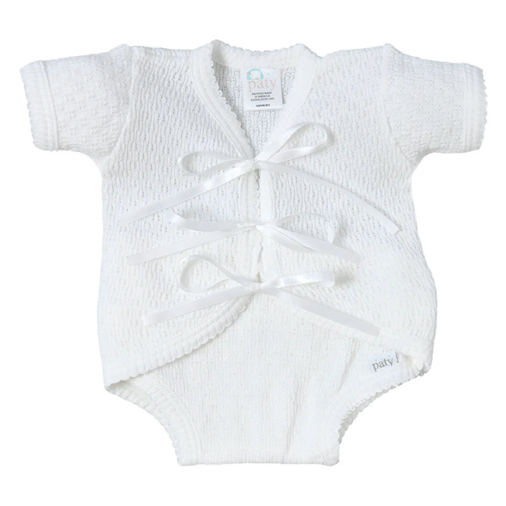 Paty Knit Ribbon Tie Onesie – White