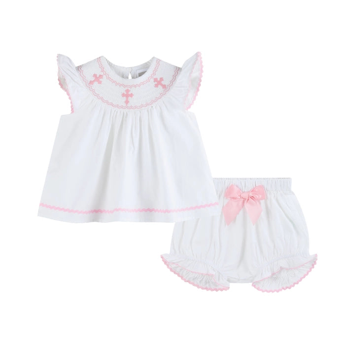 White and Pink Cross Smocked Dress and Bloomer Set