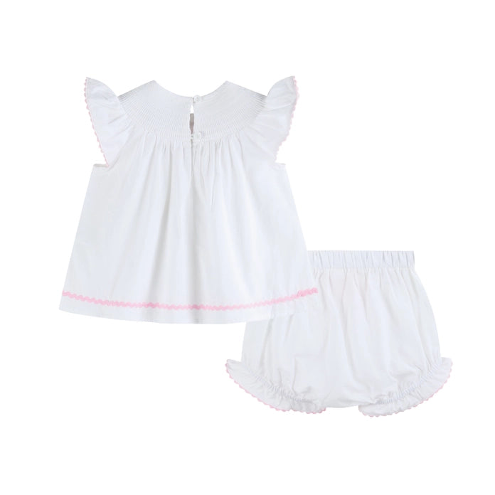 White and Pink Cross Smocked Dress and Bloomer Set