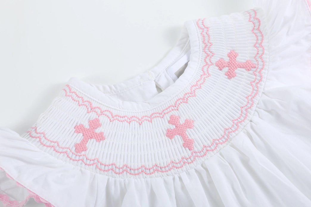 White and Pink Cross Smocked Dress and Bloomer Set