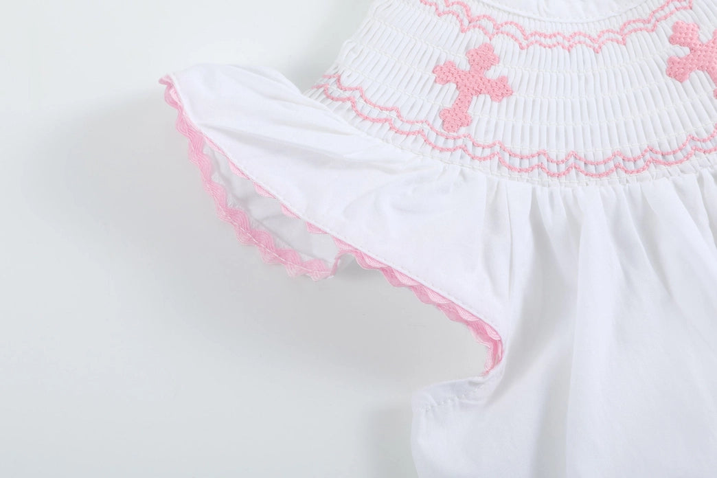 White and Pink Cross Smocked Dress and Bloomer Set