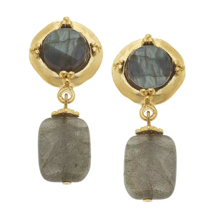 Gold Cab with Labradorite Rectangle Earrings