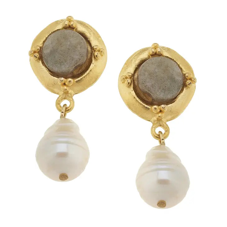 Gold Cab with Labradorite and Baroque Pearl Earrings