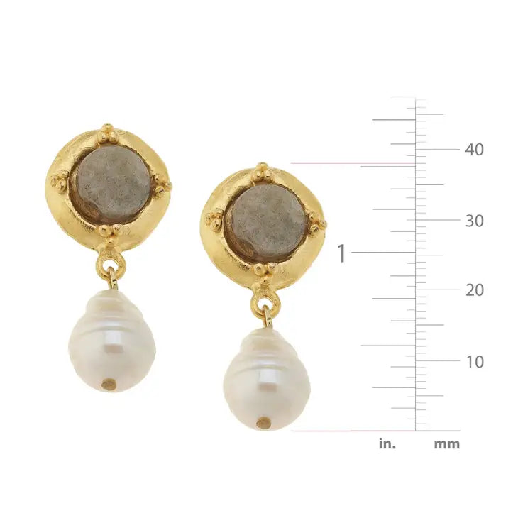 Gold Cab with Labradorite and Baroque Pearl Earrings