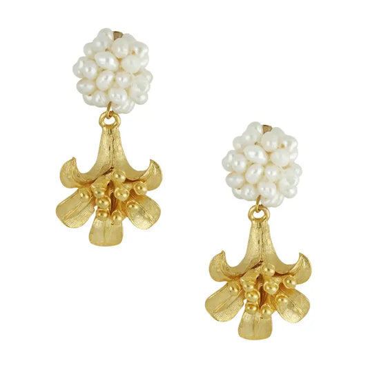 Gold Lily & Pearl Cluster Earrings